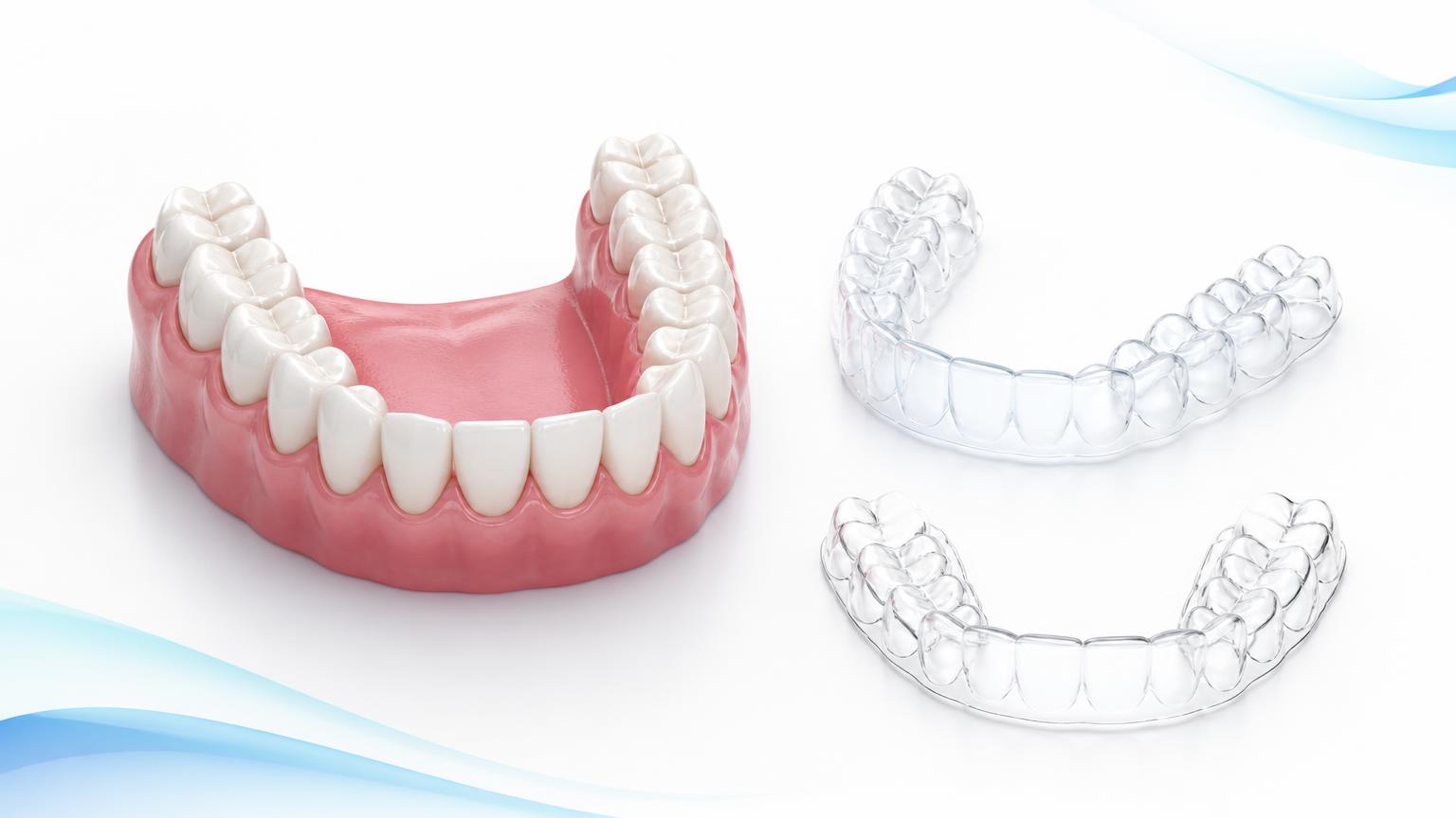 Dental illustration of aligned teeth with a treatment tray and a separate retainer
