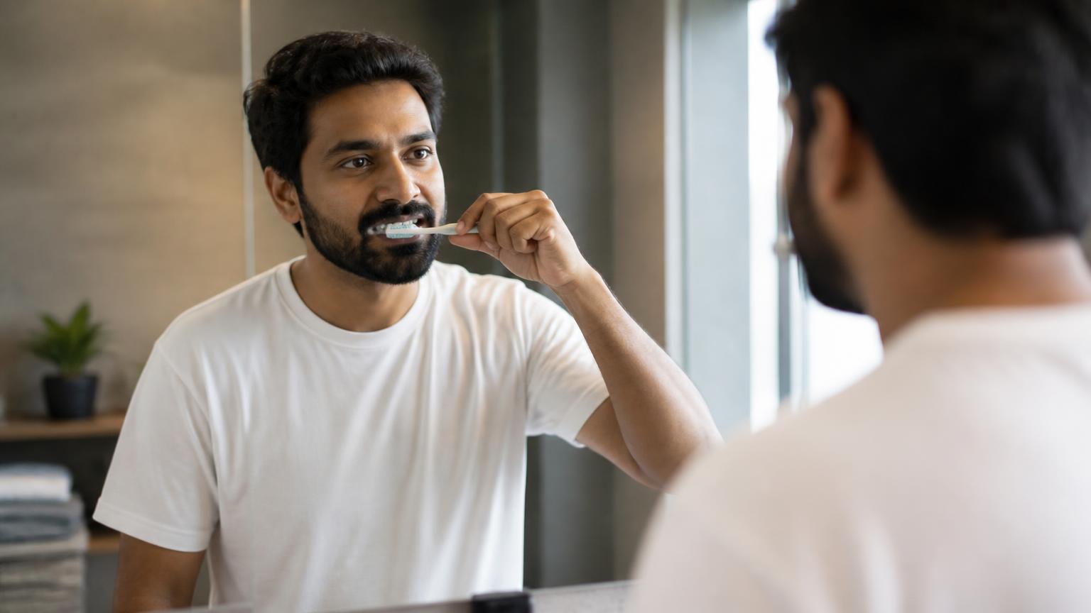 Adult brushing their teeth at home as part of daily care after dental treatment