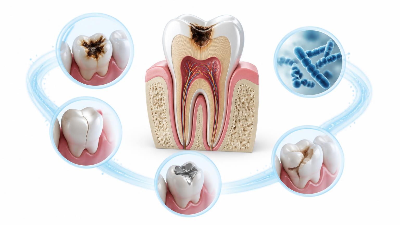 Illustration of common causes affecting the inside of a tooth, including deep decay, a cracked tooth and earlier dental treatment