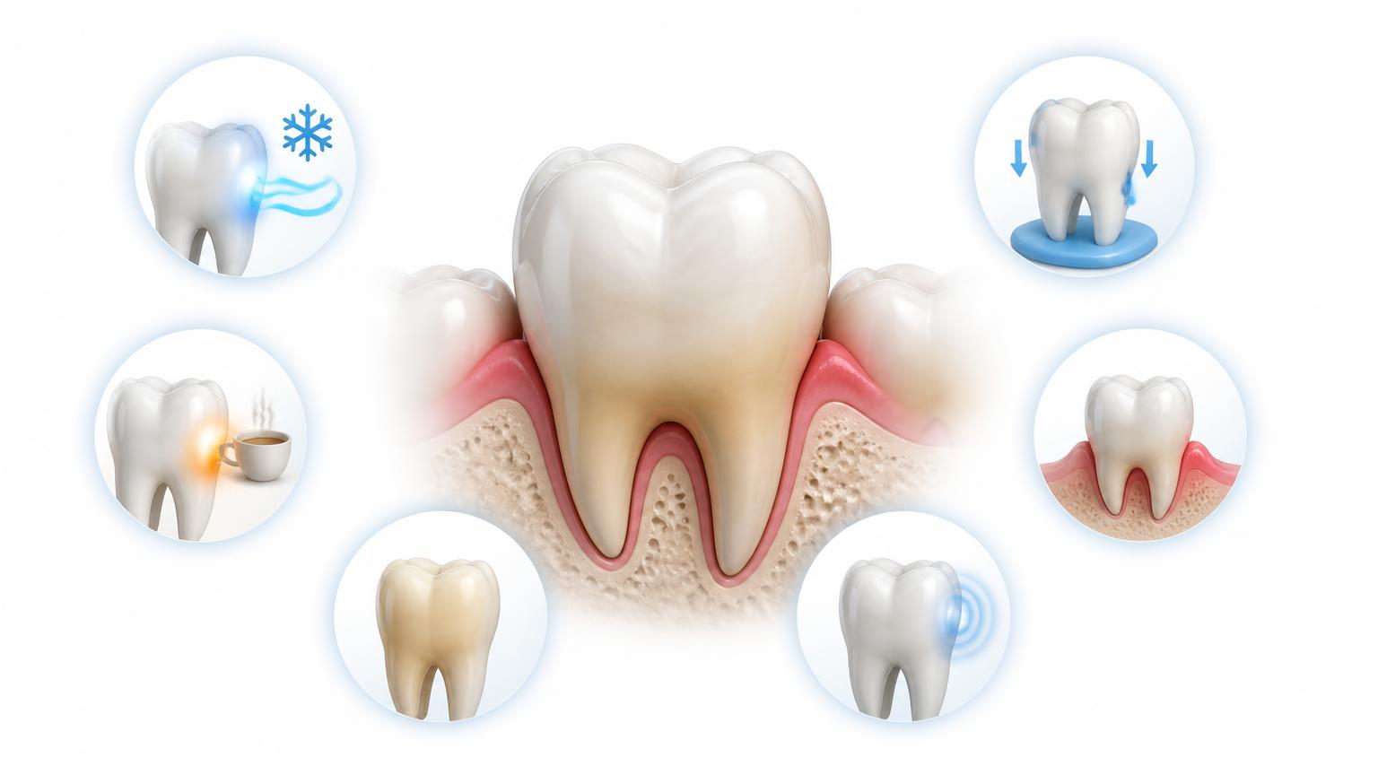 Illustration of common tooth problem warning signs such as sensitivity to hot and cold, pain while biting, gum swelling and tooth colour change