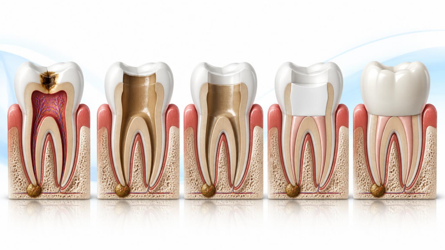 Illustrated sequence of root canal treatment from an affected tooth through cleaning and sealing the canals to the final restored tooth