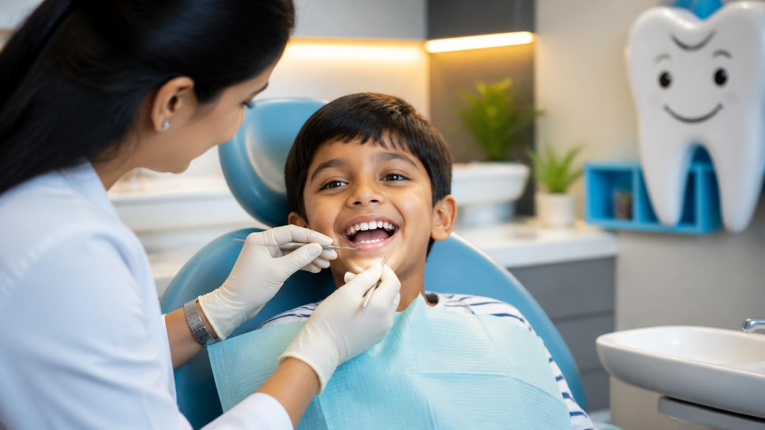 Smiling child having a gentle routine dental check-up