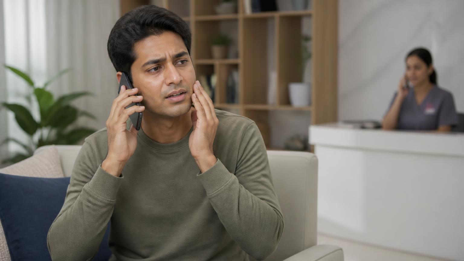 Adult calmly phoning a dental professional about symptoms after an extraction