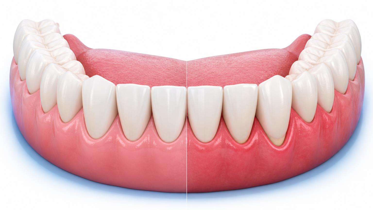 Illustration comparing healthy firm gums with mildly red, swollen gums and slight recession
