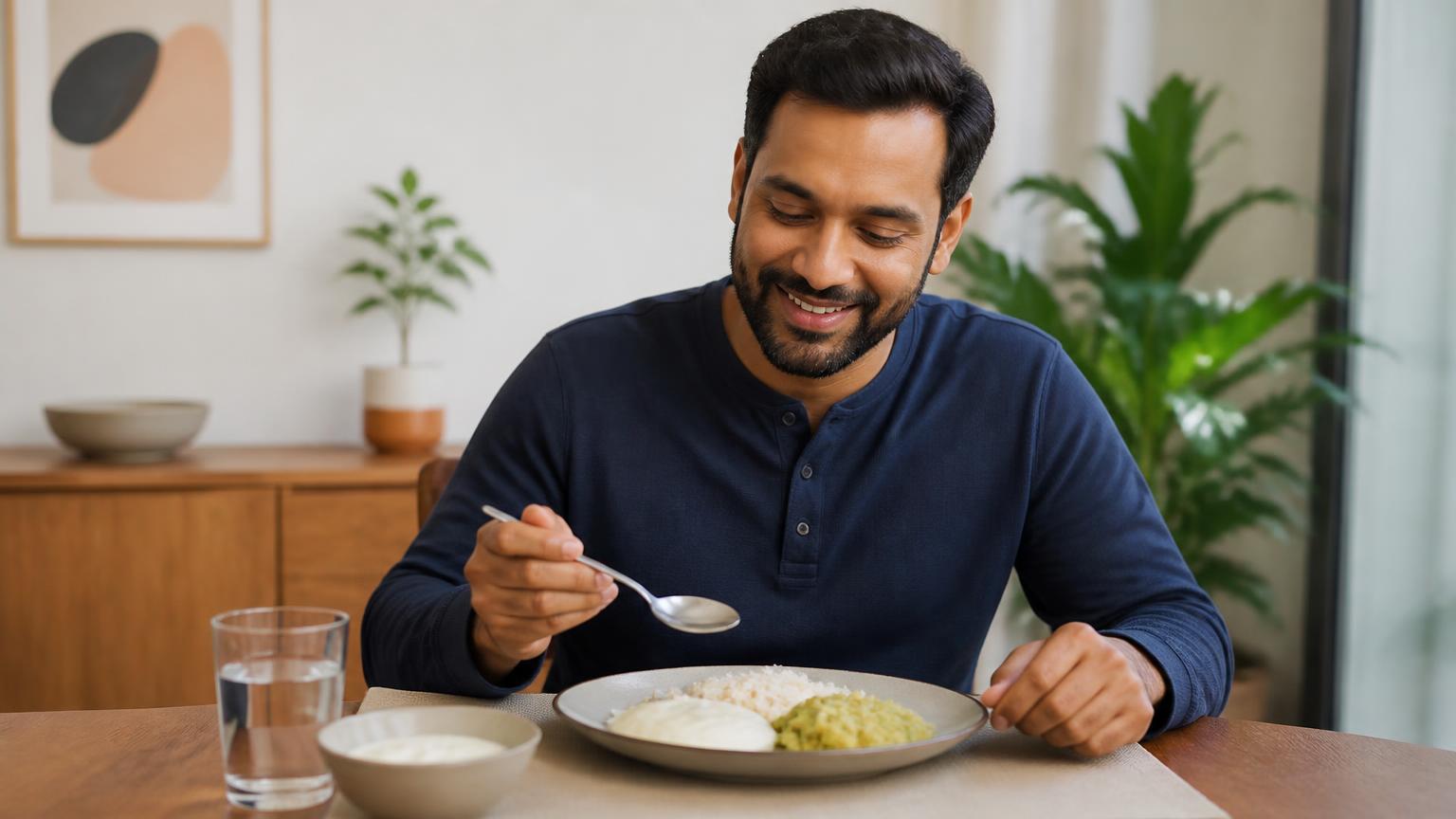 Adult eating a soft meal of yogurt, soft rice and mashed vegetables at home