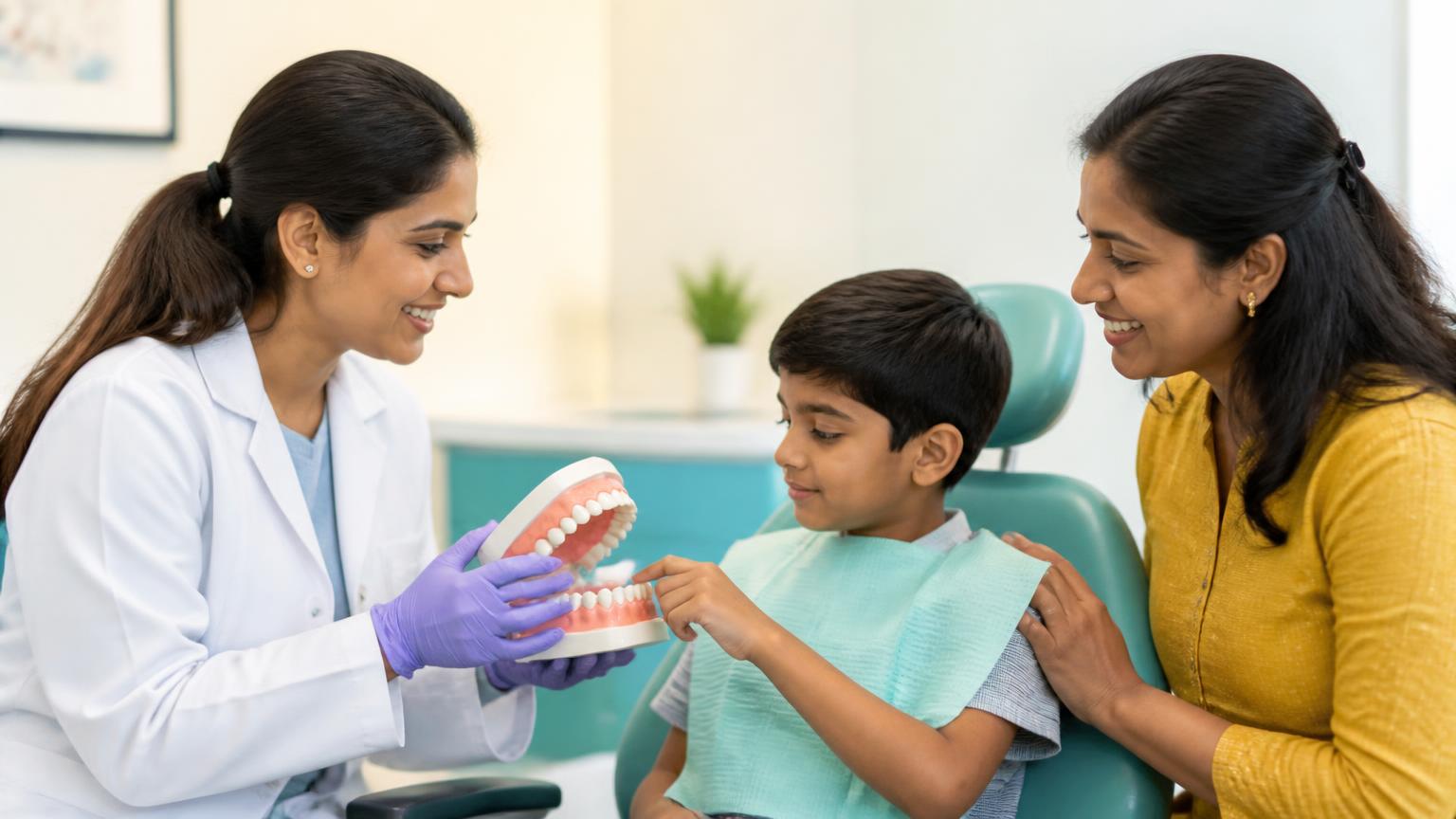 Dentist communicating patiently with a child who needs additional support