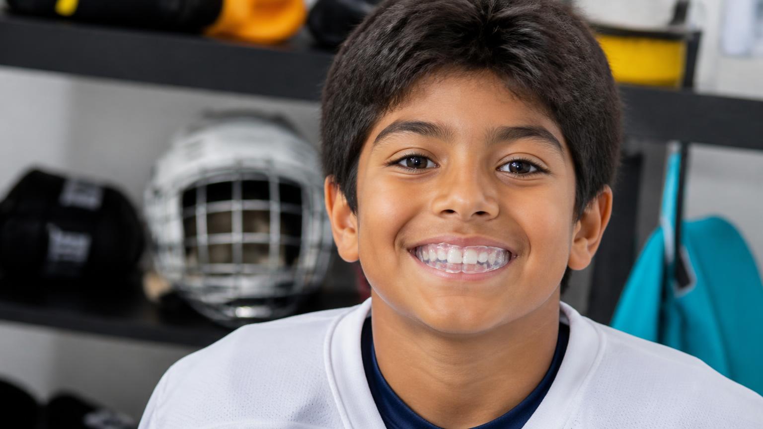 Active child wearing a fitted protective mouthguard before recreational sport