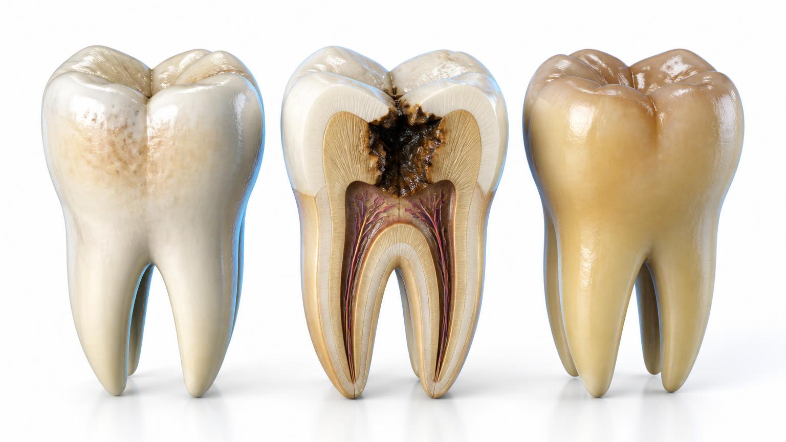 Illustration comparing surface staining on a tooth, deeper discolouration inside a tooth and a naturally darker tooth shade