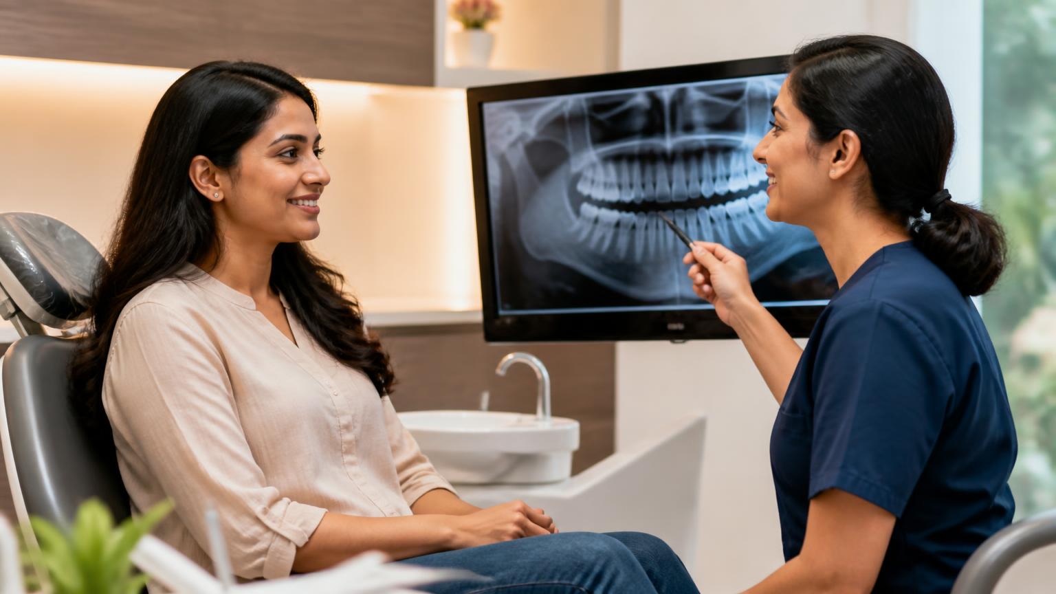 Patient having a reassuring extraction consultation with a dentist reviewing an X-ray