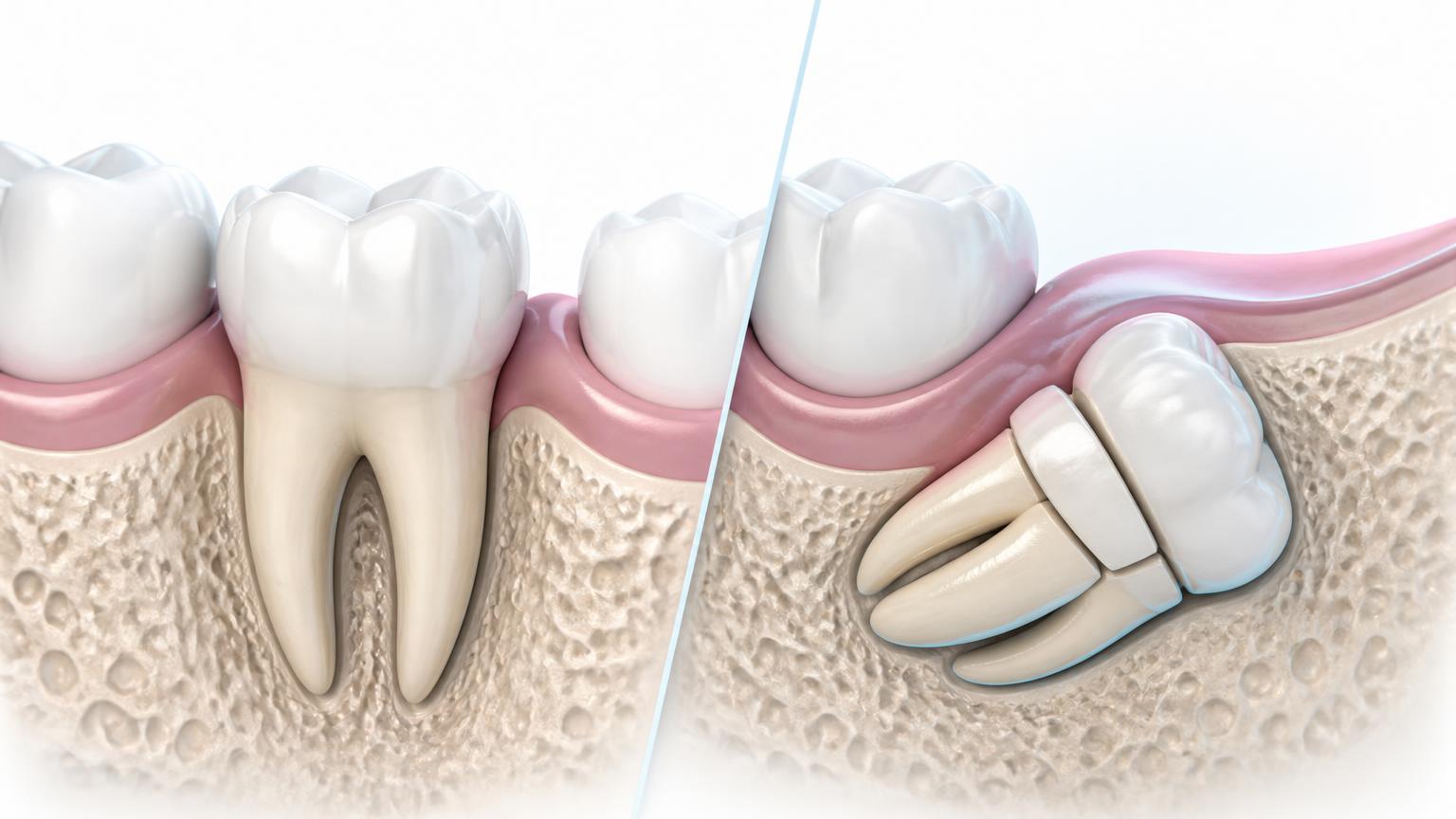Dental illustration comparing simple extraction with surgical access for a difficult tooth