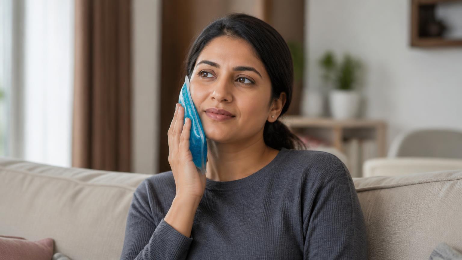 Adult resting calmly at home with a cool pack against the cheek after a dental procedure