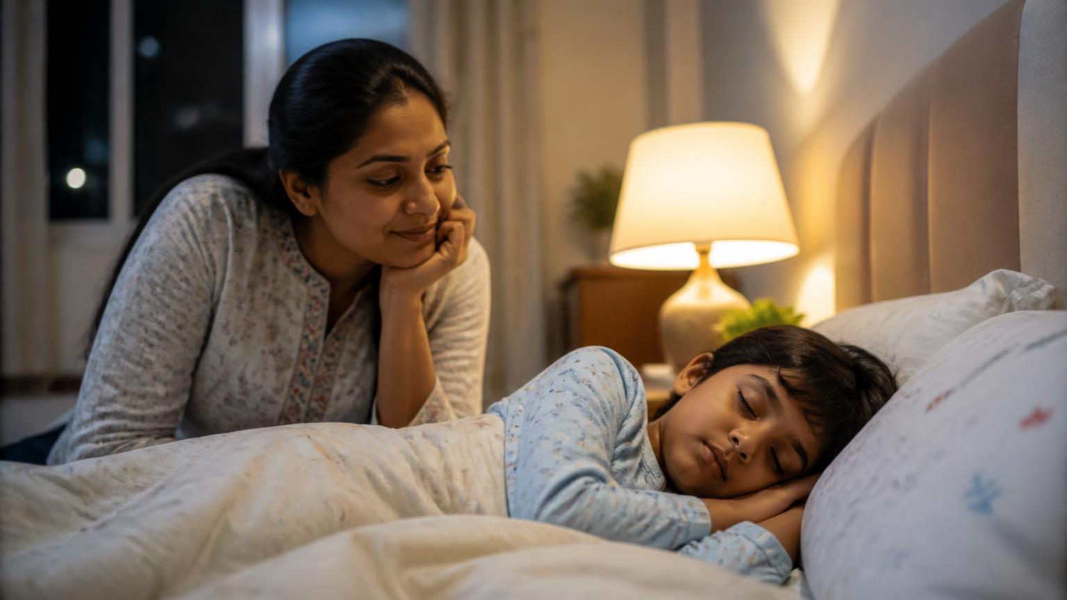 Child sleeping peacefully at home while a parent watches from nearby