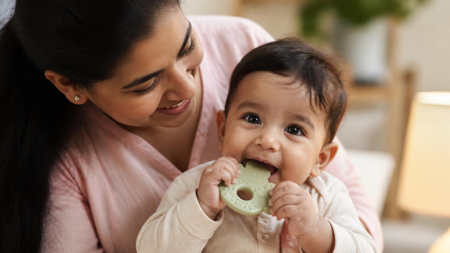 Healthy baby comfortably using a safe teething toy while a parent comforts them