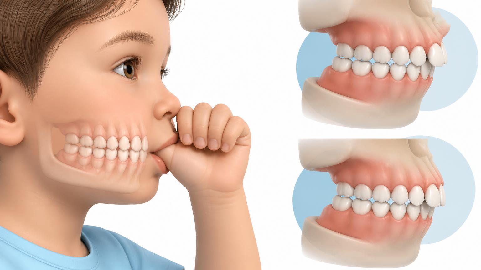 Dental illustration of prolonged thumb sucking and developing child teeth