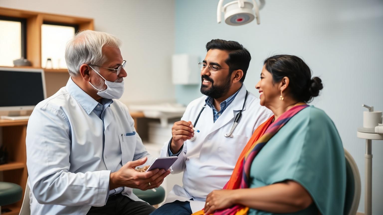 Dentist discussing tobacco use and gum health with a supported, comfortable adult patient