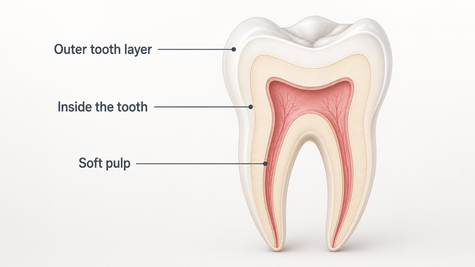 Cross-section illustration of a natural tooth showing the outer layer, inner tooth structure and the soft pulp inside the roots