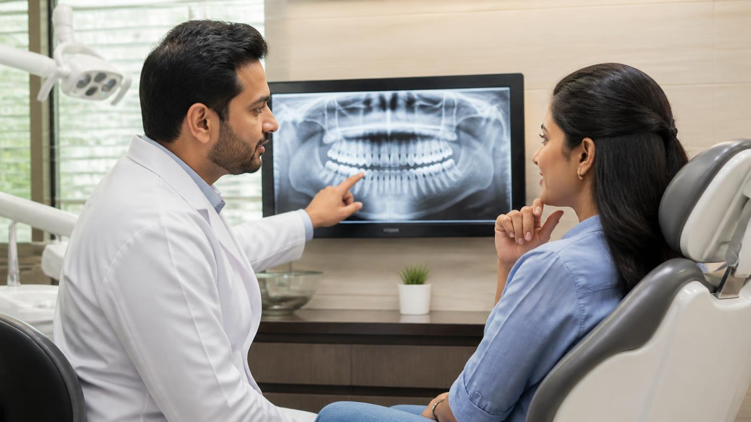 Dentist reviewing a dental X-ray with a patient to find the cause of tooth pain