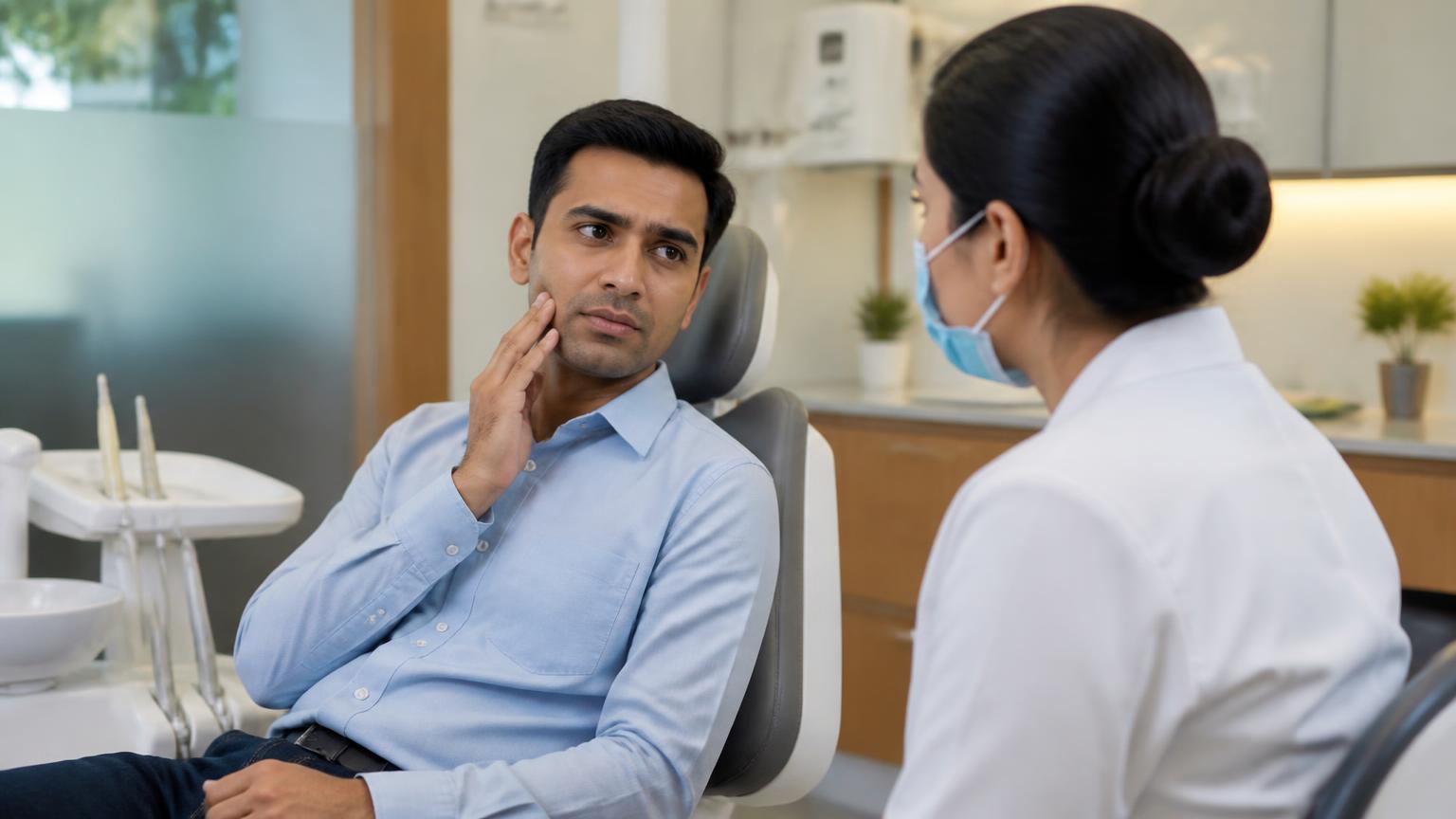 Adult patient indicating mild tooth discomfort while speaking with a dentist in a modern clinic