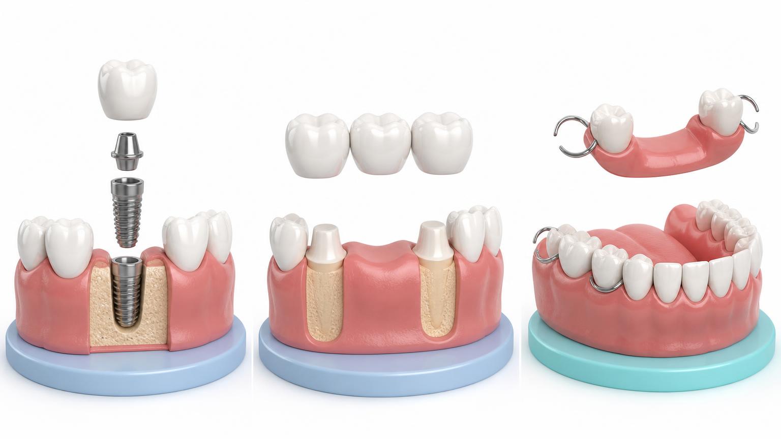 Illustration comparing a dental implant, a dental bridge and a removable partial denture