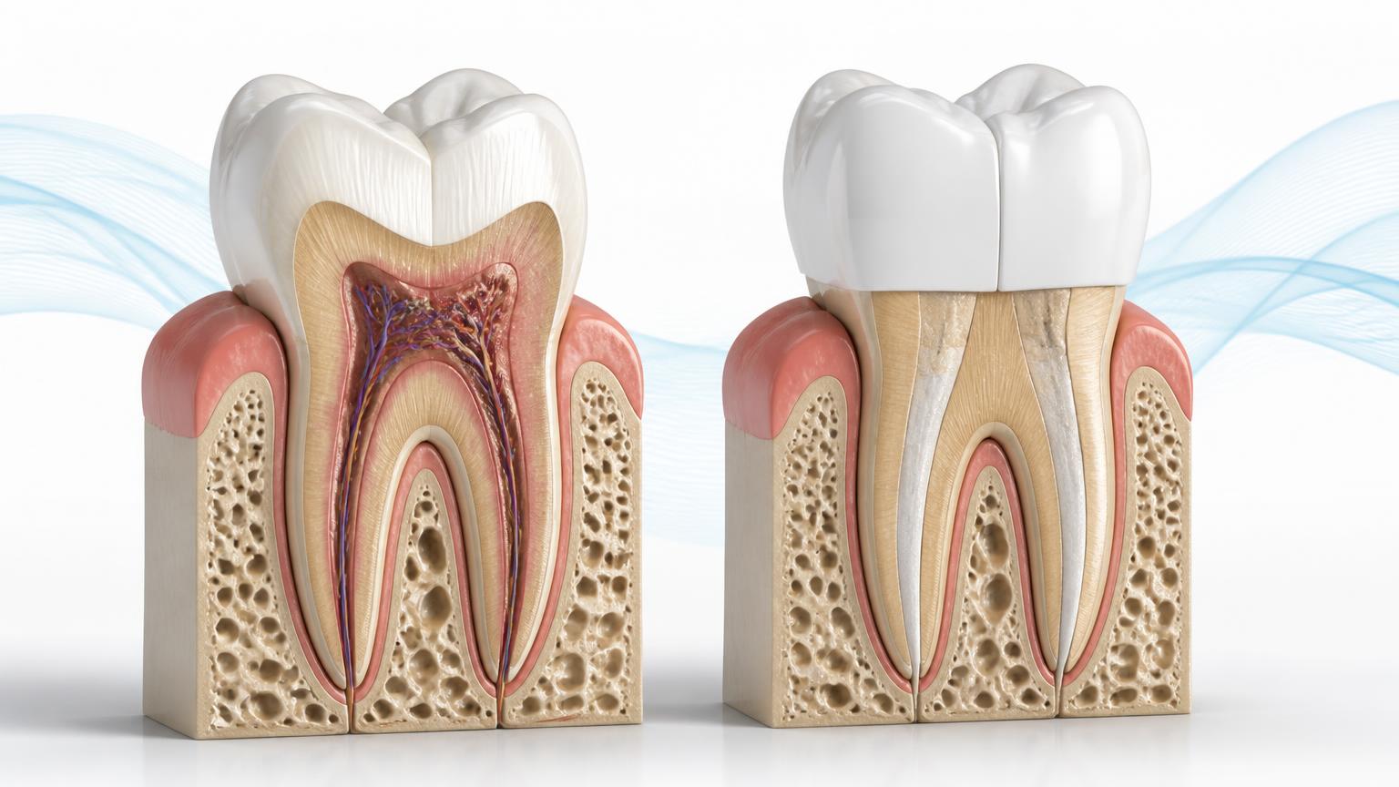 Illustration comparing a tooth with affected inner pulp and the same natural tooth kept in place after treatment and restoration
