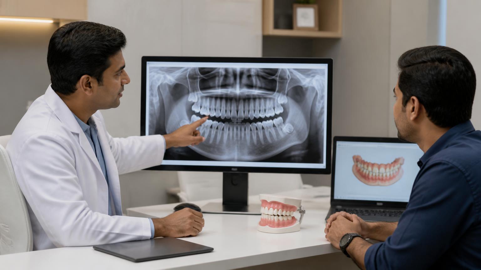 Dentist planning a tooth extraction with an adult patient using a dental X-ray and model