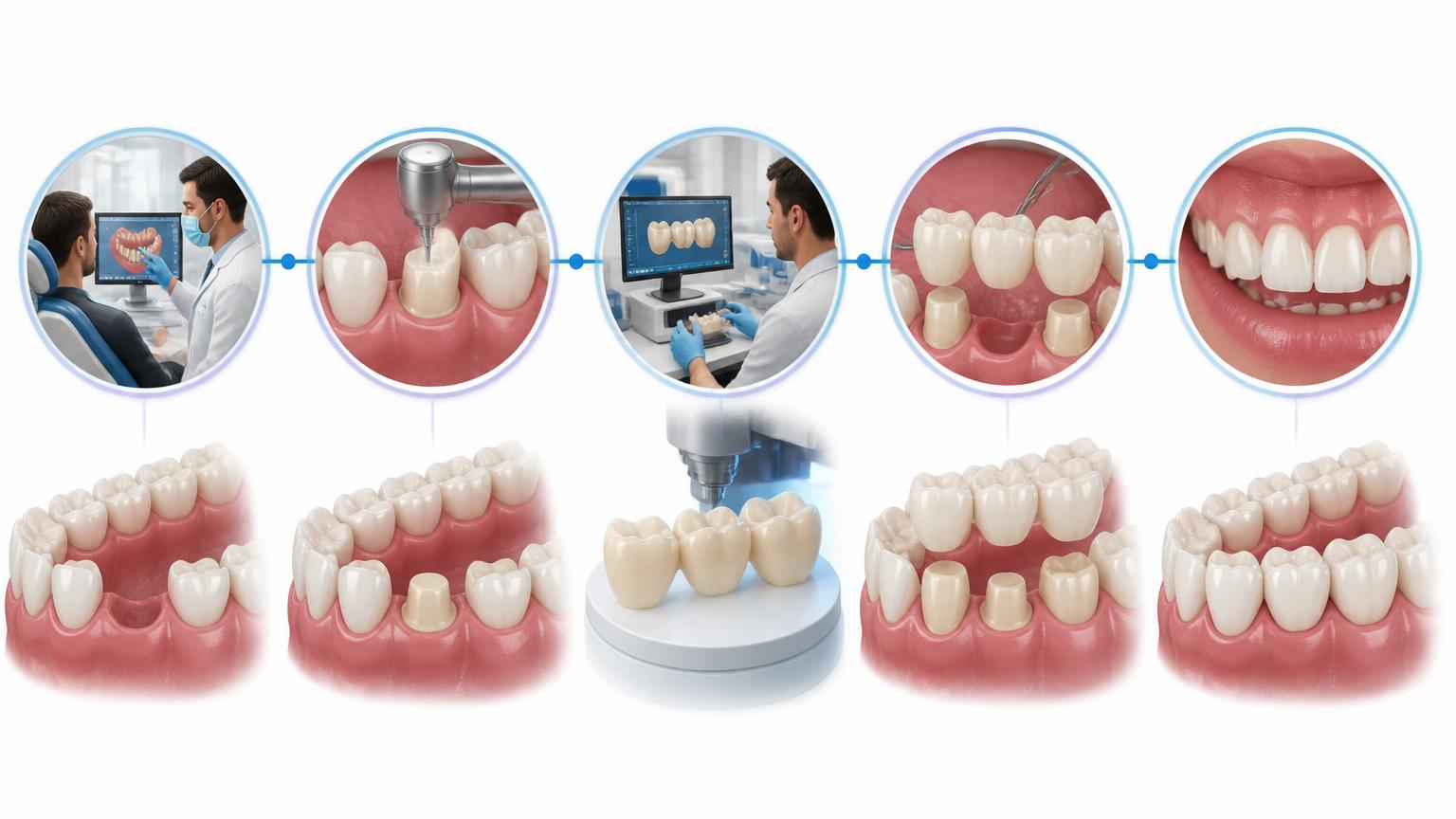 Illustrated timeline of crown and bridge treatment from consultation and preparation to laboratory work and final fitting