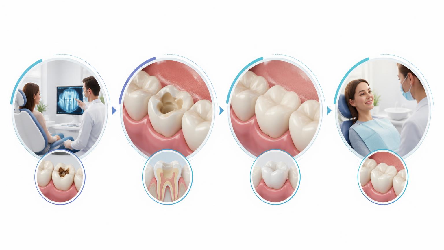 Illustrated sequence of dental appointments from consultation and treatment to restoration and follow-up