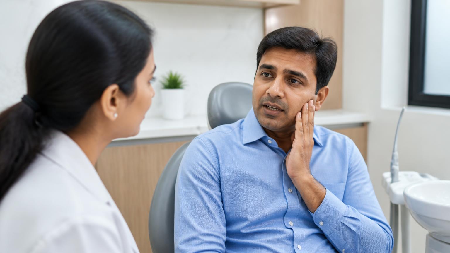 Adult patient with mild cheek swelling speaking promptly with a dental professional
