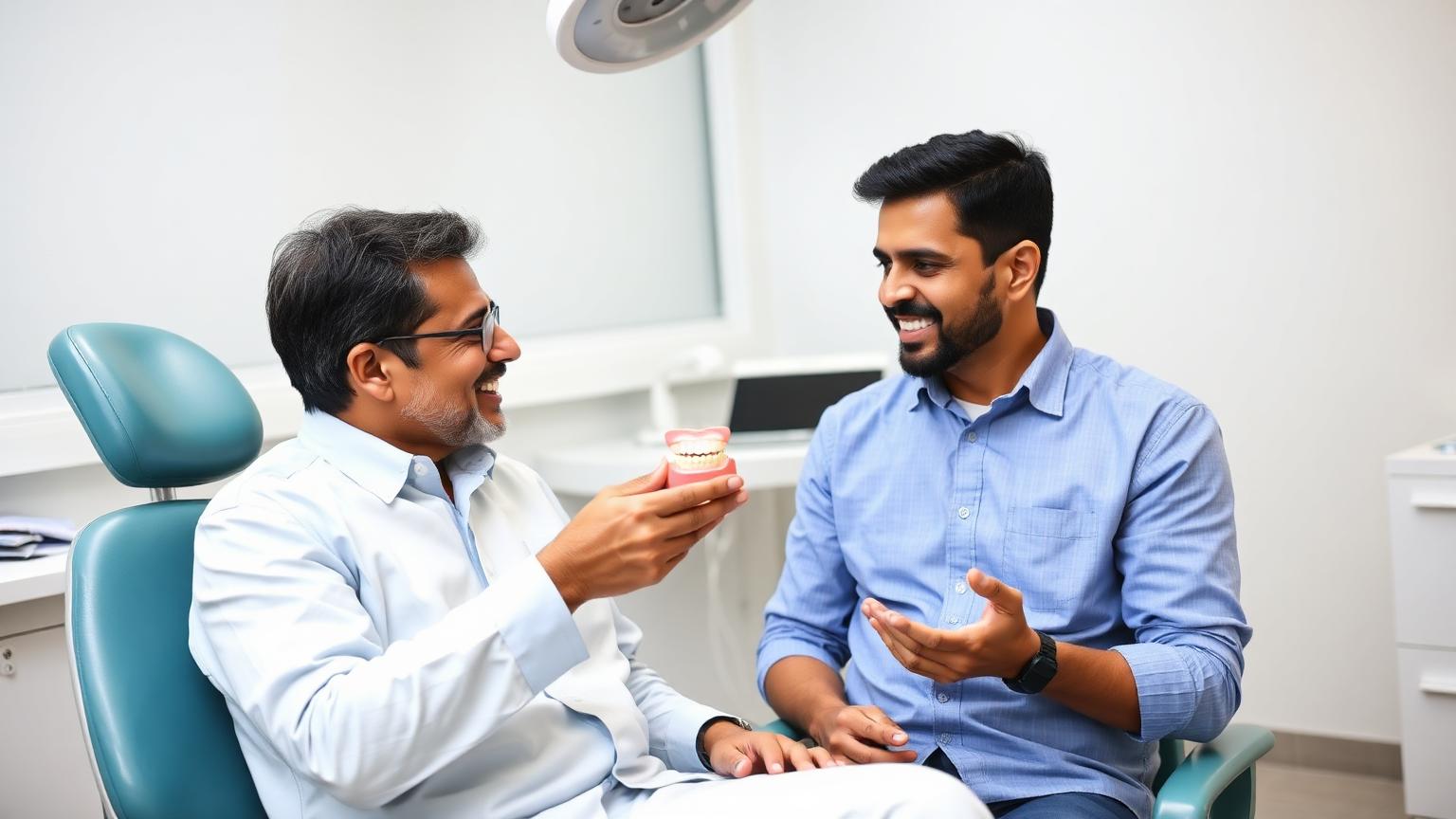 Dentist reassuring a patient while explaining veneer treatment