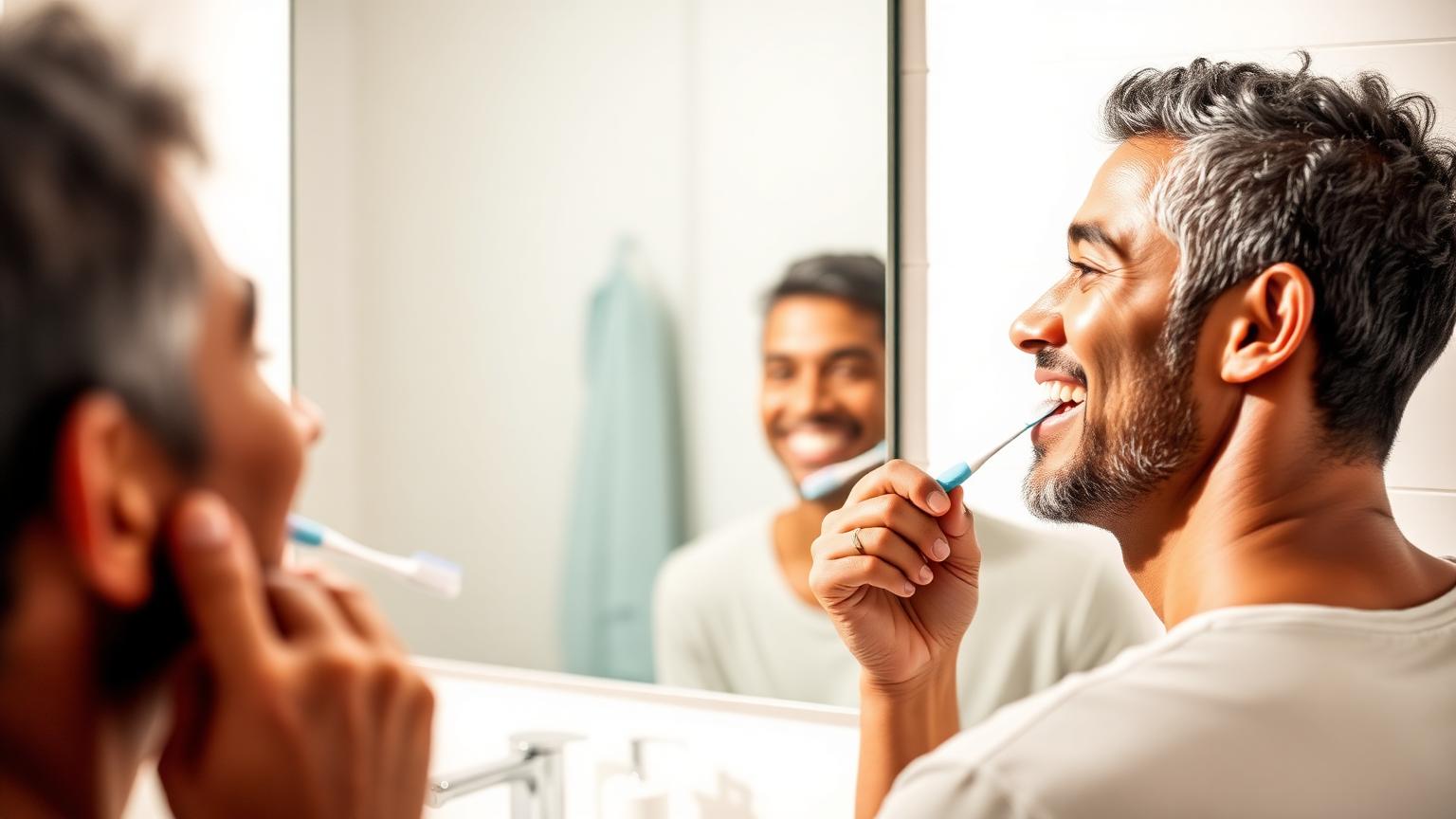 Adult maintaining veneers with careful daily oral hygiene