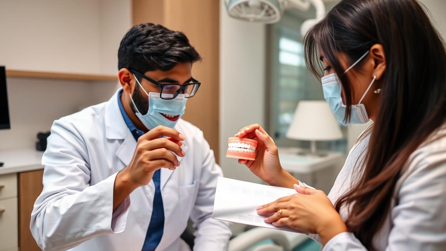 Dentist assessing a patient for veneers using a dental model