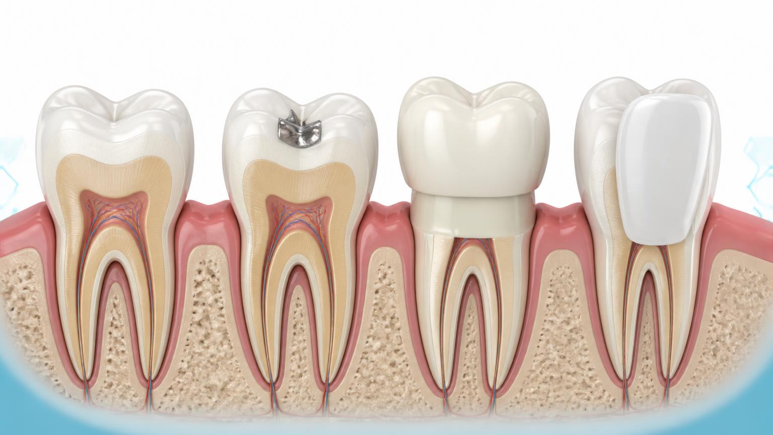 Dental illustration of a natural tooth, filling, crown and veneer