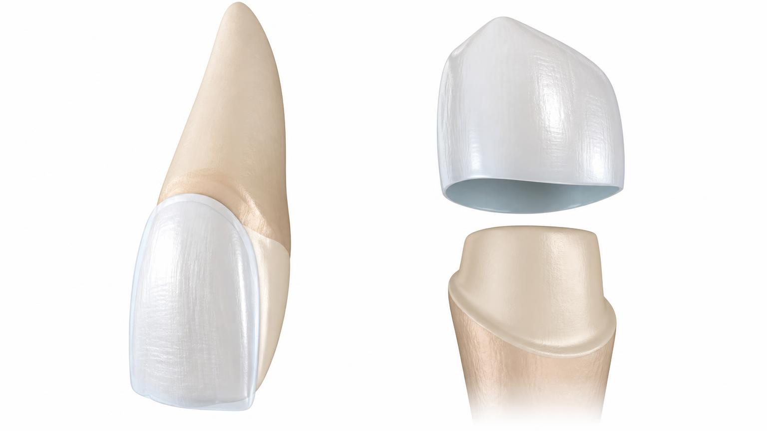 Dental comparison of a front-surface veneer and a full dental crown