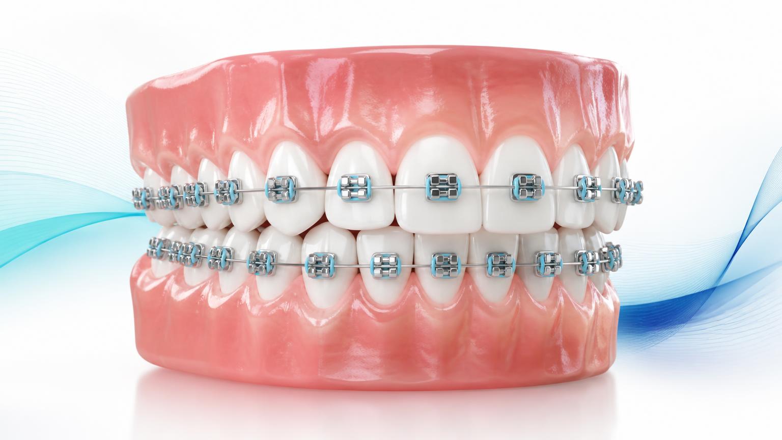 Dental illustration of brackets bonded to teeth with an archwire passing through them