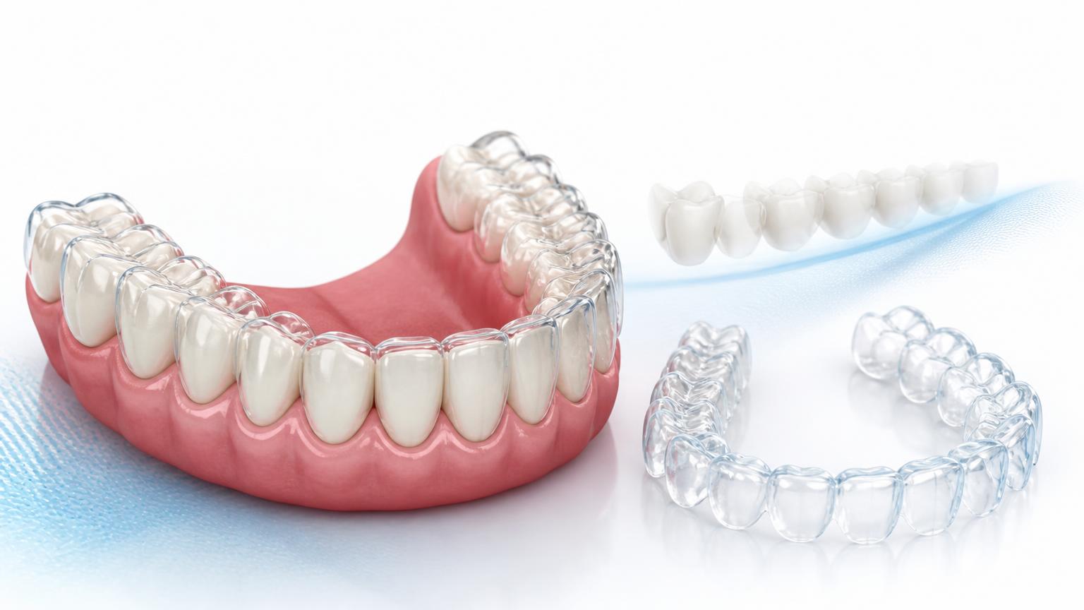 Dental illustration of a transparent aligner tray fitted over a dental arch beside a second tray
