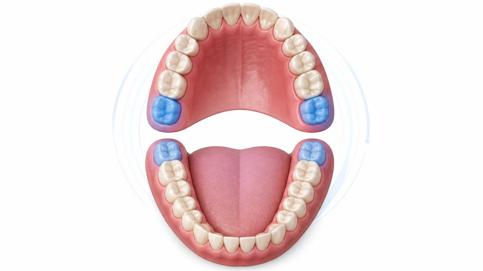 Dental illustration of upper and lower arches with wisdom teeth highlighted at the back