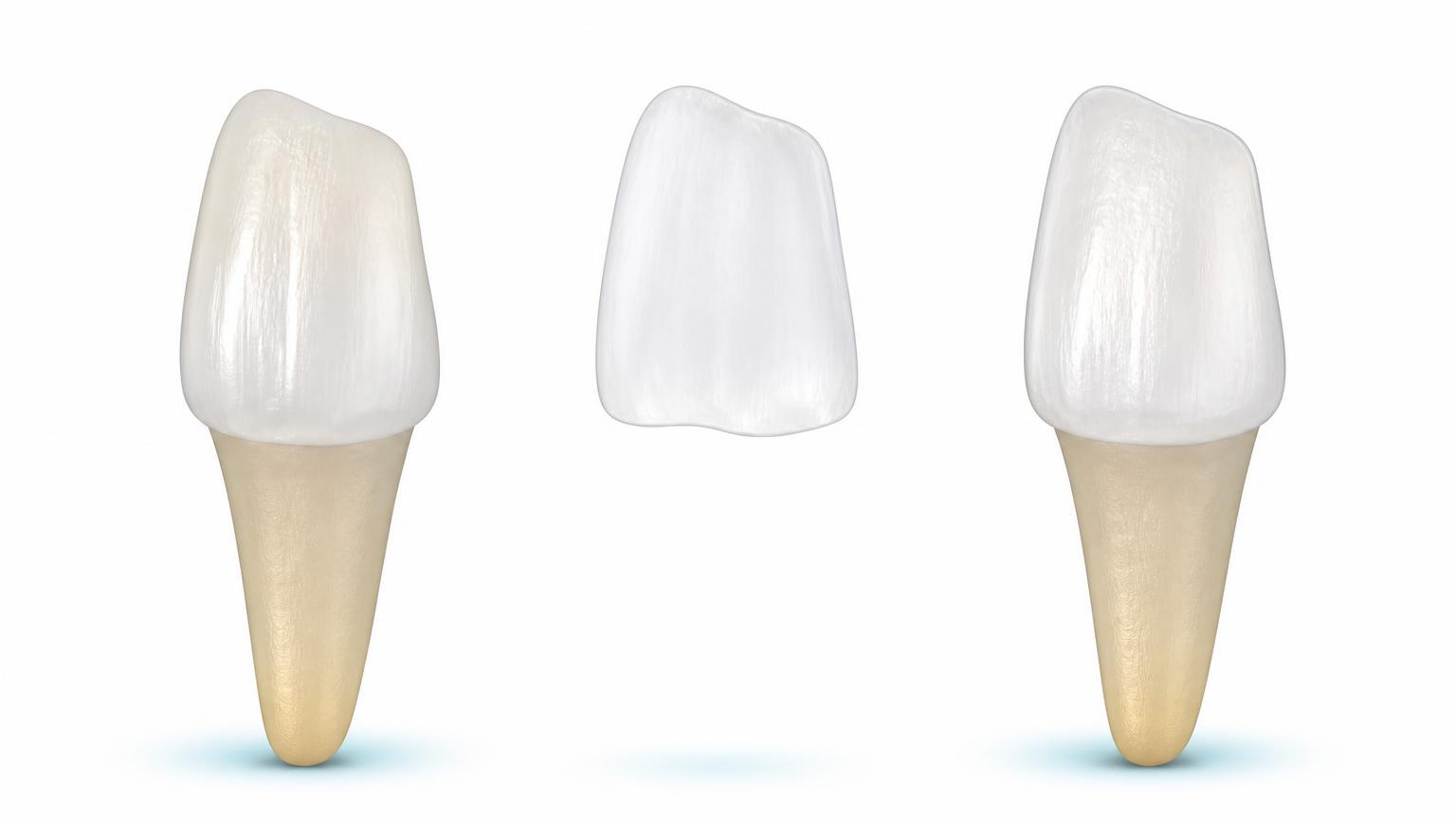 Three-stage illustration of a thin veneer being fitted to the front of a natural tooth