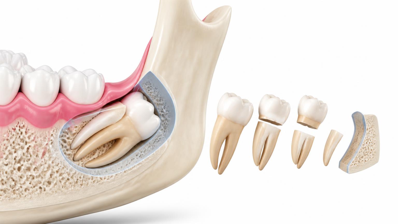 Dental illustration of a difficult tooth within the jaw and the concept of dividing it into sections