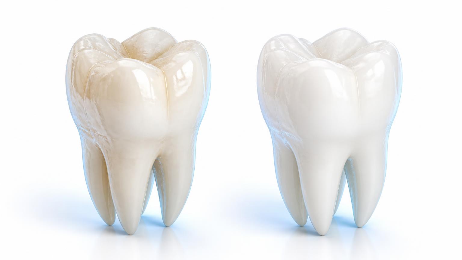 Illustration of a natural tooth with mild staining beside the same tooth appearing subtly brighter after whitening