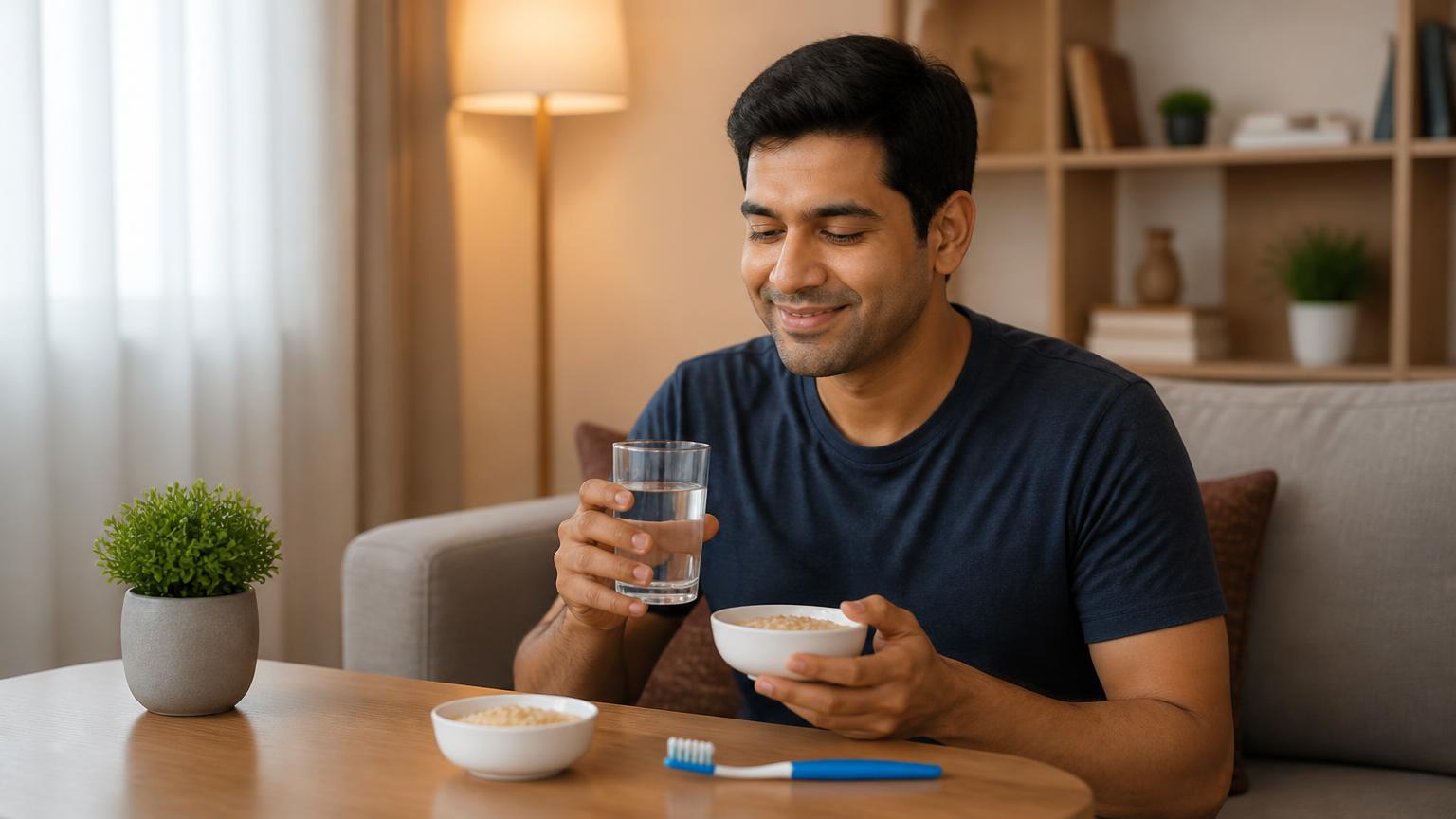 Adult following post-extraction instructions at home with soft food, water and a toothbrush