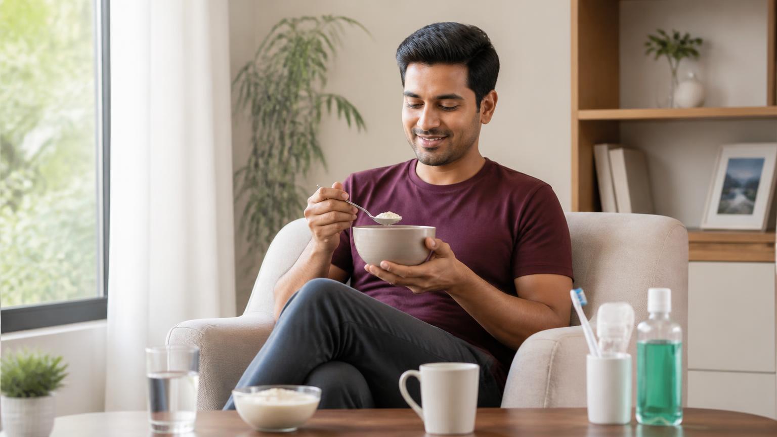 Adult following post-procedure care instructions at home with soft food and oral care items