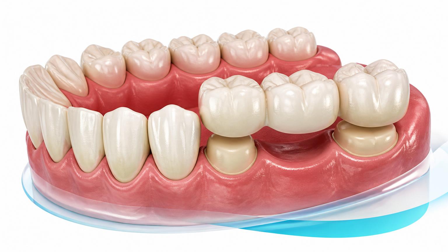 Illustration of a dental arch with a missing tooth replaced by a fixed dental bridge