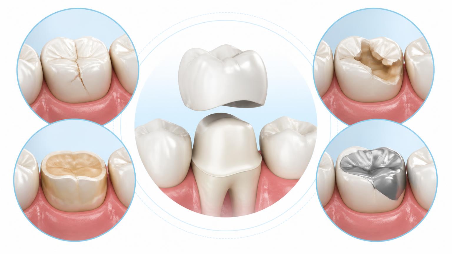 Illustration of common situations where a dental crown may be considered, including a cracked and a heavily worn tooth