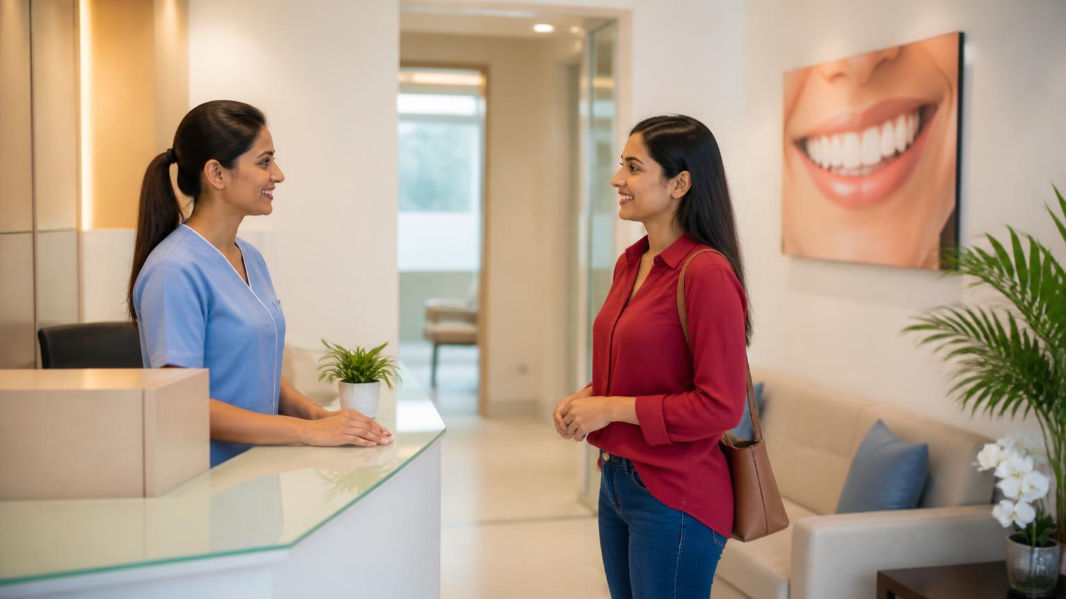 Patient arriving at a welcoming dental clinic reception for a tooth pain consultation