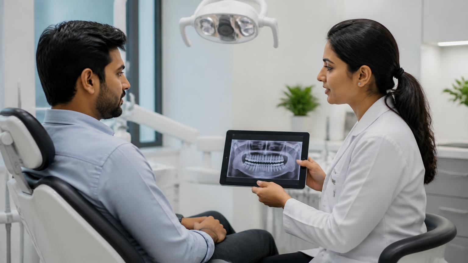 Adult patient having a difficult tooth evaluated by a dentist reviewing a dental X-ray