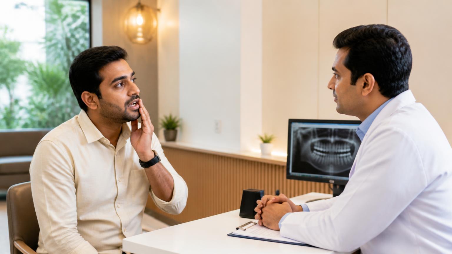 Adult patient discussing back-of-mouth discomfort with a dentist at a welcoming clinic