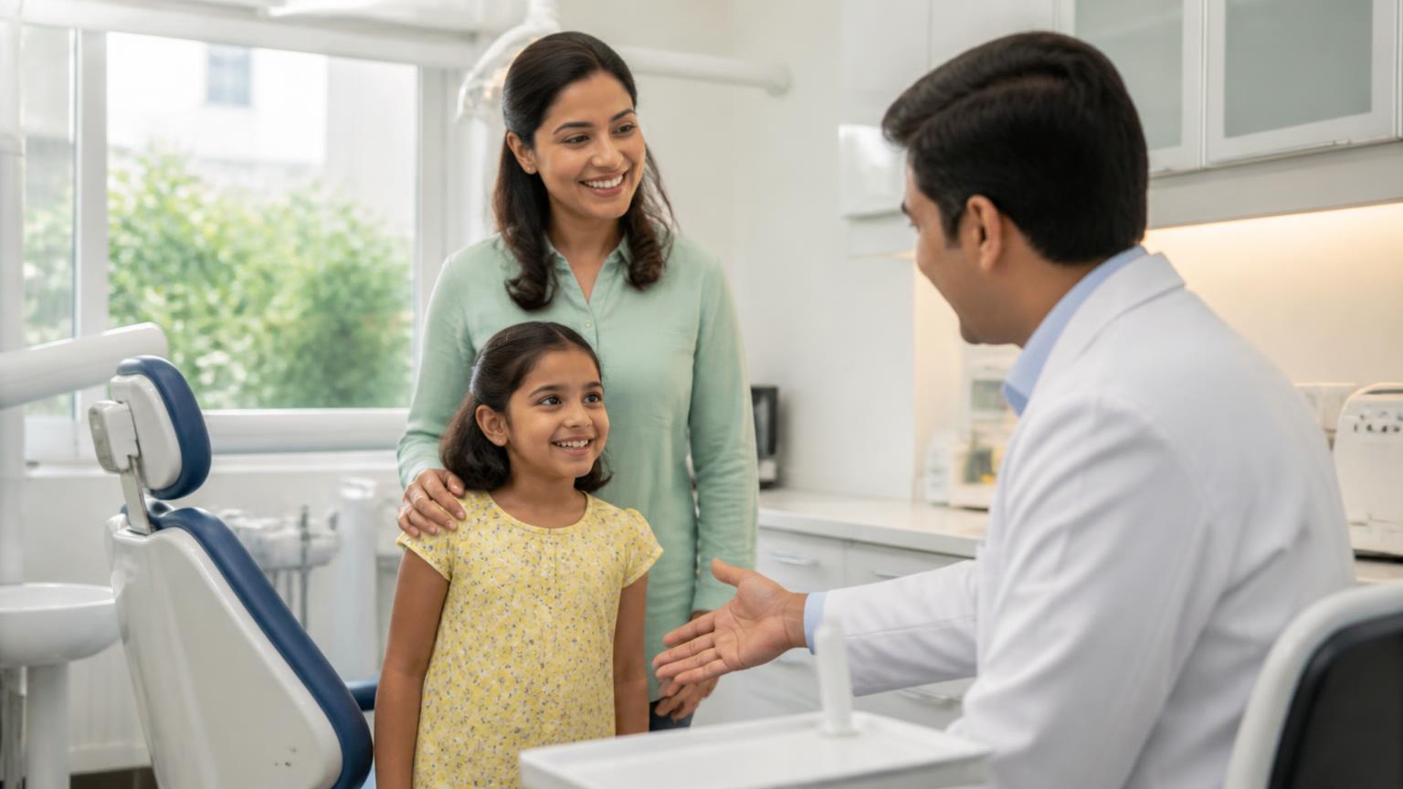 Parent bringing a happy child for a routine dental check-up