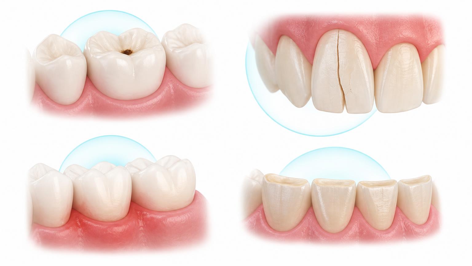 Non-graphic dental illustration of conditions that may need treatment before veneers