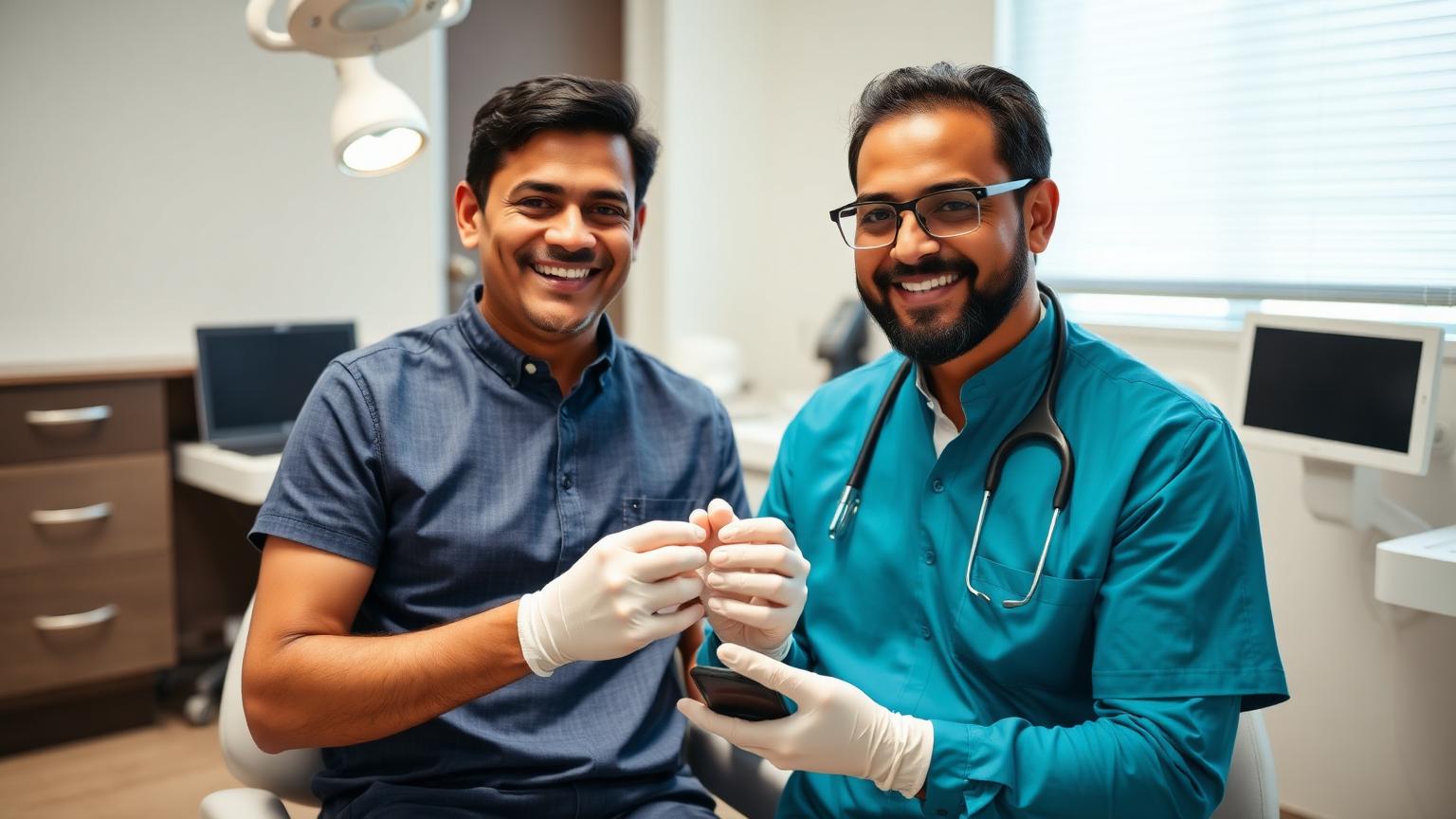 Adult patient having a positive consultation with an approachable dentist about teeth whitening