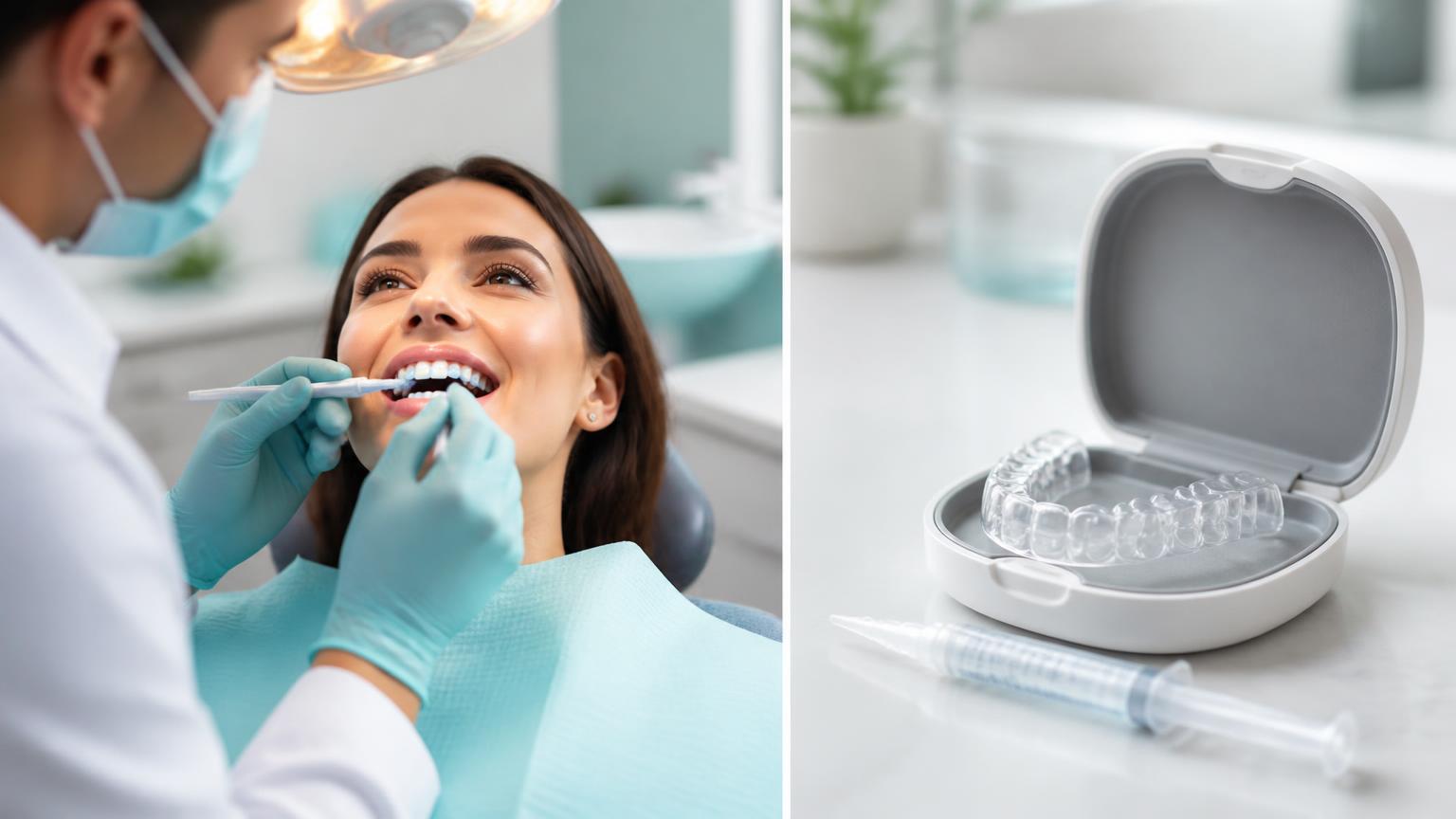 Illustration of two professional whitening approaches: dentist-supervised in-clinic whitening and a dentist-guided home whitening tray